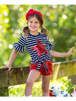 Blue Stripe Star Ruffle-Accent Tie-Front Top & Red Sequin Shorts - Toddler & Girls