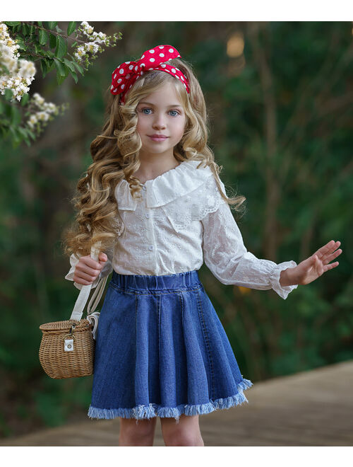 White Collar-Accent Long-Sleeve Top & Denim Skirt - Toddler & Girls