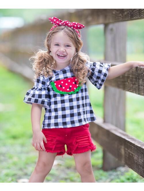Black Gingham Watermelon Ruffle Short-Sleeve Top & Red Denim Shorts - Toddler & Girls