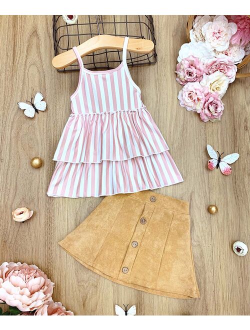 Pink & White Stripe Two-Tier Ruffle-Hem Tank & Tan Circle Skirt - Toddler & Girls