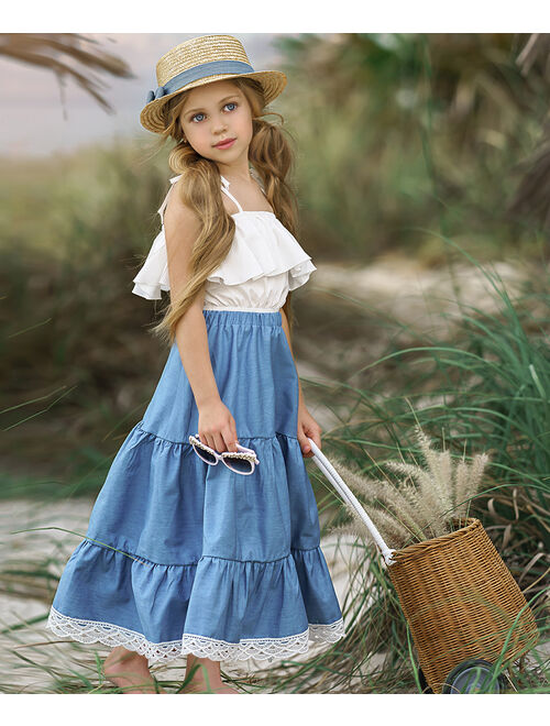 White Ruffle Crop Tank & Blue Lace-Hem Peasant Maxi Skirt Set - Toddler & Girls