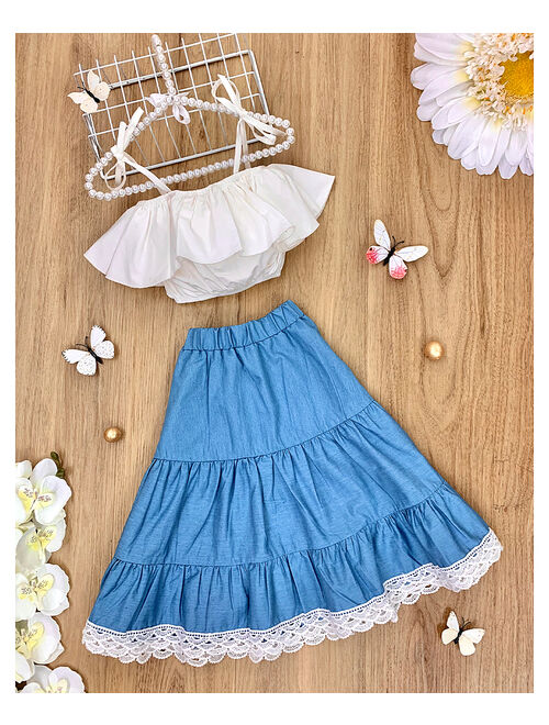 White Ruffle Crop Tank & Blue Lace-Hem Peasant Maxi Skirt Set - Toddler & Girls