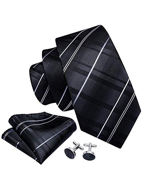 Barry.Wang Stripe Men Ties Set Classic WOVEN Necktie with Handkerchief Cufflinks Formal