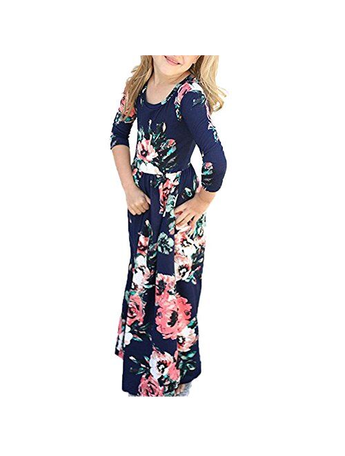 QIJOVO Girl Floral Maxi Dress with Pockets Sleeves Long Holiday Dress