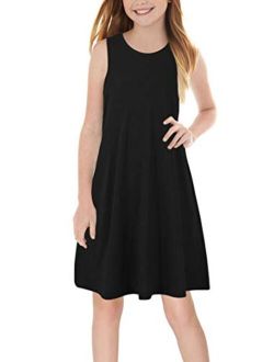 GORLYA Girl's Summer Casual Loose Tank Swing Midi Cute Shift Dress with Pockets for 4-14T Kids