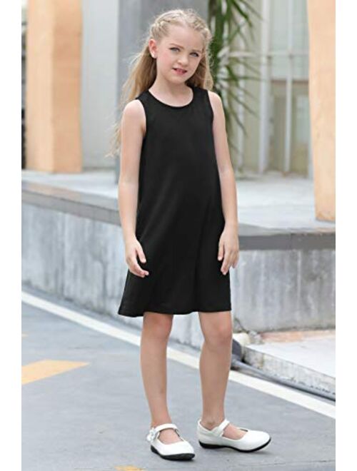 GORLYA Girl's Summer Casual Loose Tank Swing Midi Cute Shift Dress with Pockets for 4-14T Kids