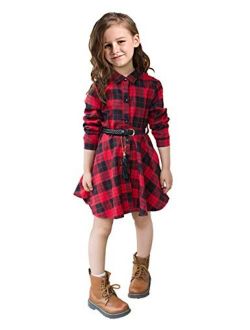 CNKIDS Girls Casual Dress Belt Long Sleeve Buffalo Check Black White/Red Plaid Dresses for Kids,4-12yrs