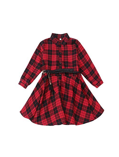 CNKIDS Girls Casual Dress Belt Long Sleeve Buffalo Check Black White/Red Plaid Dresses for Kids,4-12yrs