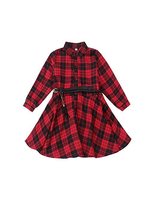 CNKIDS Girls Casual Dress Belt Long Sleeve Buffalo Check Black White/Red Plaid Dresses for Kids,4-12yrs