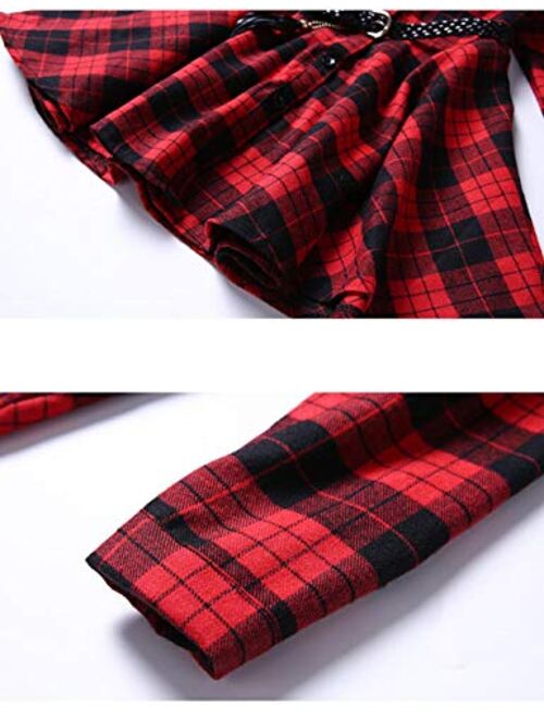 CNKIDS Girls Casual Dress Belt Long Sleeve Buffalo Check Black White/Red Plaid Dresses for Kids,4-12yrs