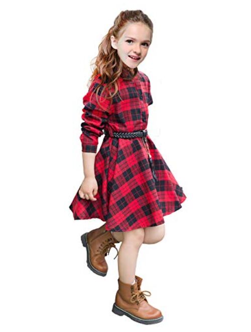 CNKIDS Girls Casual Dress Belt Long Sleeve Buffalo Check Black White/Red Plaid Dresses for Kids,4-12yrs