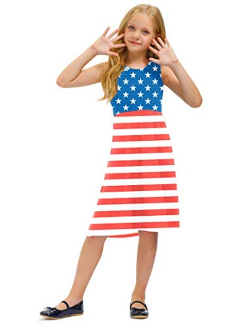BesserBay Girl's Forth of July American Flag Stars Stripes Swing Midi Tank Dress 3-12 Years