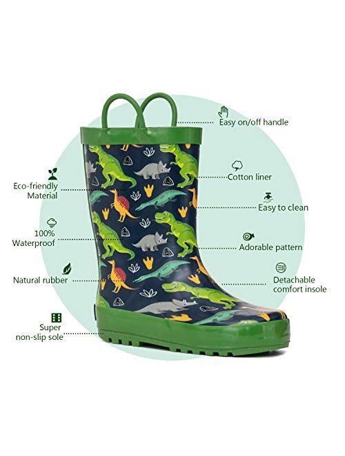 Horalah Rain Boots for Kids and Toddlers with Easy-On Handles, Waterproof Printed Rubber Rain Boots for Boys and Girls