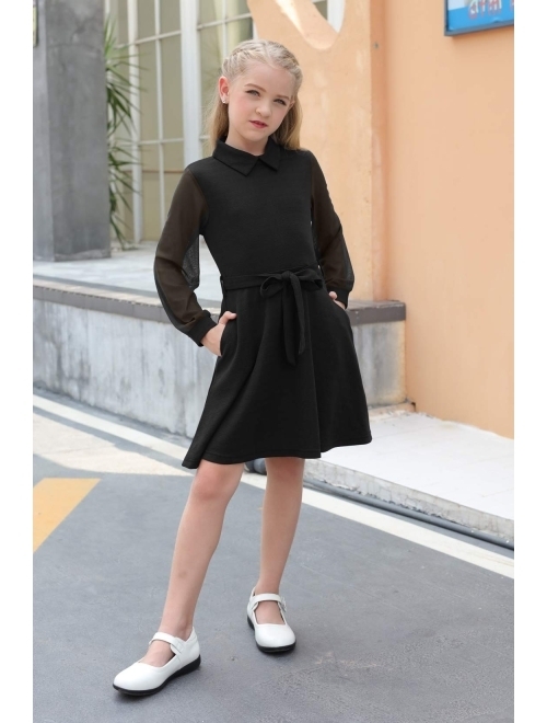GORLYA Girl's Mesh Long Sleeve Peter Pan Collar Casual Vintage A-line Party Belted Dress with Pockets for 4-14T