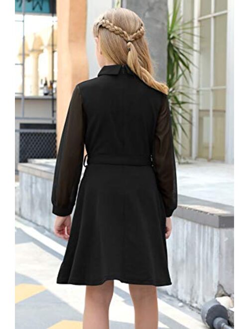 GORLYA Girl's Mesh Long Sleeve Peter Pan Collar Casual Vintage A-line Party Belted Dress with Pockets for 4-14T