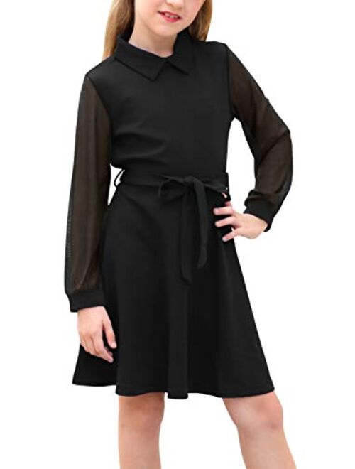 GORLYA Girl's Mesh Long Sleeve Peter Pan Collar Casual Vintage A-line Party Belted Dress with Pockets for 4-14T