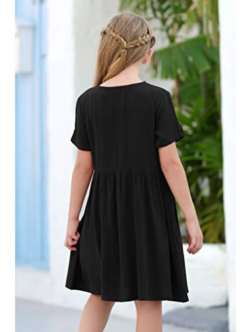 GORLYA Girl's Short Sleeve Button Up Pleated Waist Loose Casual Linen Midi Dress with Pockets for 4-12 Years Kids