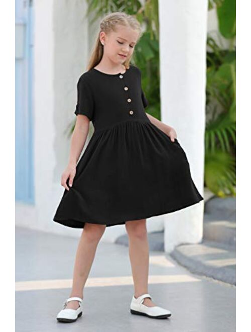 GORLYA Girl's Short Sleeve Button Up Pleated Waist Loose Casual Linen Midi Dress with Pockets for 4-12 Years Kids