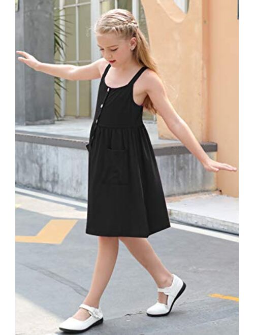 GORLYA Girl's Casual Summer Beach A-Line Spaghetti Strap Button Sundress with Pockets for 4-12T Kids