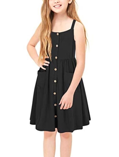 GORLYA Girl's Casual Summer Beach A-Line Spaghetti Strap Button Sundress with Pockets for 4-12T Kids