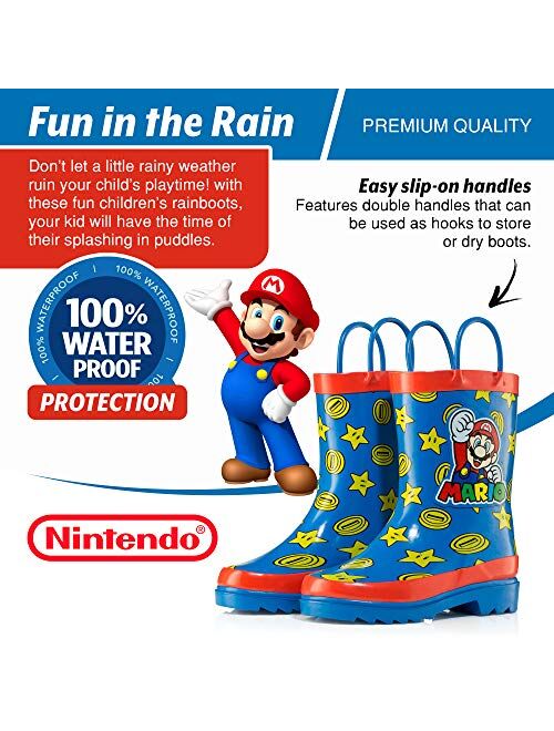Nintendo Kids Boys` Super Mario Character Printed Waterproof Easy-On Handles Rubber Rain Boots - Toddler/Little Kids