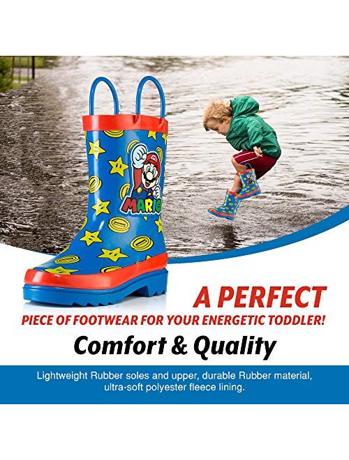 Nintendo Kids Boys` Super Mario Character Printed Waterproof Easy-On Handles Rubber Rain Boots - Toddler/Little Kids