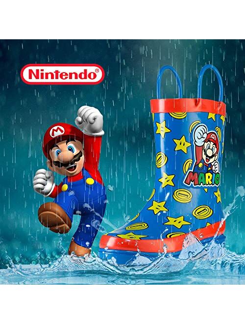 Nintendo Kids Boys` Super Mario Character Printed Waterproof Easy-On Handles Rubber Rain Boots - Toddler/Little Kids