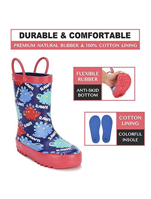 Knodel Rain Boots for Kids, Waterproof Rubber Boots with Easy-On Handles for Boys and Girls, Rubber Printed Patterns Shoes for Toddlers