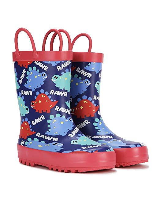 Knodel Rain Boots for Kids, Waterproof Rubber Boots with Easy-On Handles for Boys and Girls, Rubber Printed Patterns Shoes for Toddlers