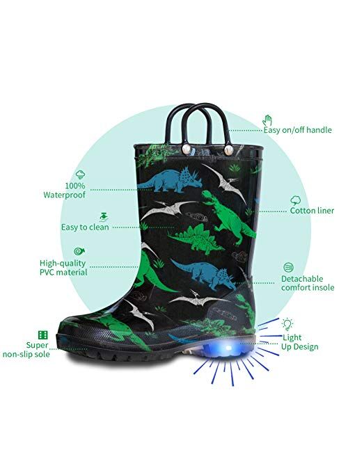 Horalah Toddler Kids Light Up Waterproof Rain Boots with Easy-On Handles