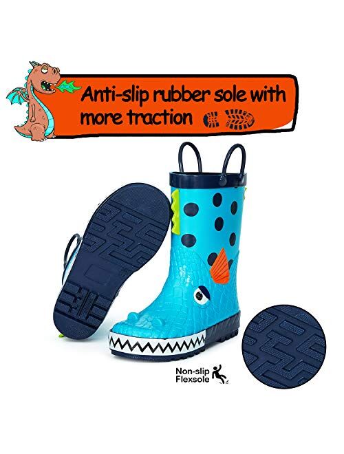 mysoft Kids Rain Boots for Girls Boys Toddler Waterproof Rubber Cute Animal Printed with Easy-On Handles