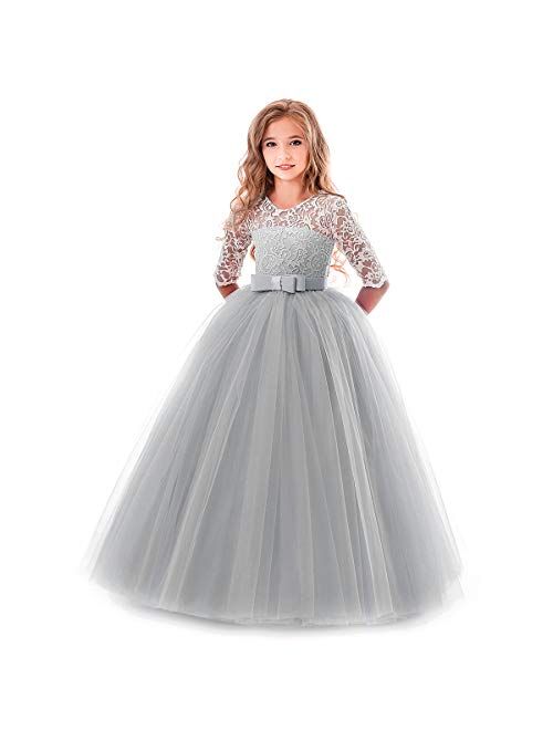 IWEMEK Little Big Girls Hi Low Lace Embroidery Flower Wedding Train Tutu Dress Formal Pageant Party Princess Prom Ball Gown