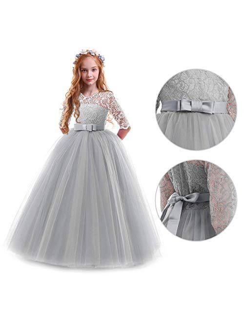 Flower Girl Lace Bridesmaid Dress 3/4 Sleeves Pageant Ball Gowns Princess Puffy Tulle Wedding Party Dresses