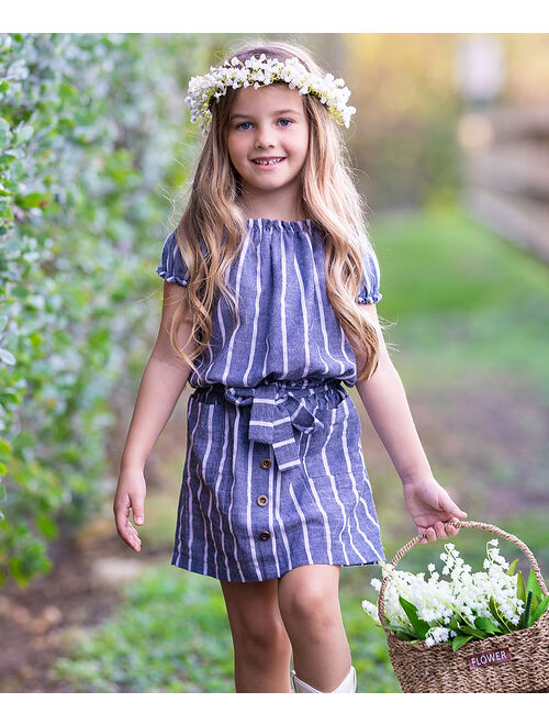 Blue-Gray Stripe Peasant Top & Pocket Denim Skirt - Toddler & Girls