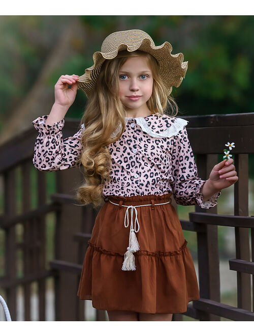 Beige Leopard Lace Placket Long-Sleeve Top & Brown Skirt - Toddler & Girls