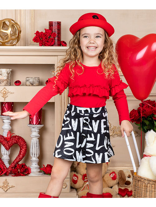 Red Ruffle Long-Sleeve Top & Black 'Love' Button-Front Skirt - Toddler & Girls