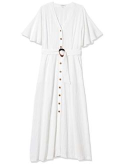 Women's V-Neck Maxi Dress with Button Front and Belt