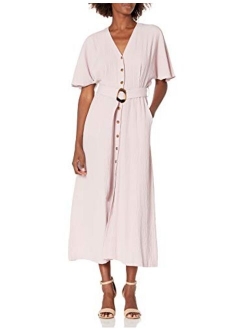 Women's V-Neck Maxi Dress with Button Front and Belt