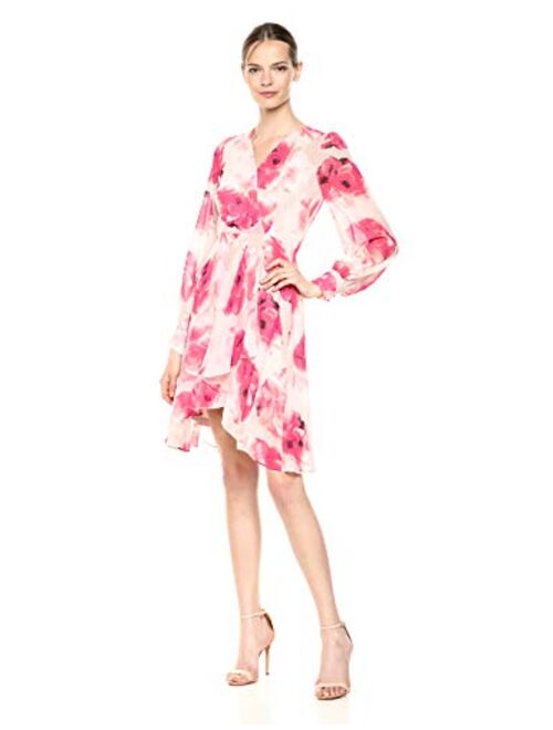 Calvin Klein Women's Long Sleeved V Neck Chiffon Faux Wrap Dress