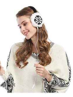 Women Lady's Earmuffs Snowflake Print Fluffy Faux Fur Trim Ear Warmers Headphones Music