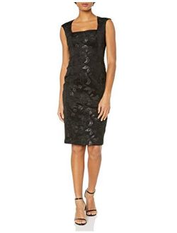 Women's Sleeveless Square Neck Sheath Dress with Pleating at Neckline