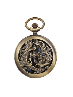 JewelryWe Vintage Hand Wind Mechanical Pocket Watch for Men Lucky Phoenix and Dragon Pendant Watch, Silver, Gold, for Valentine’s Day