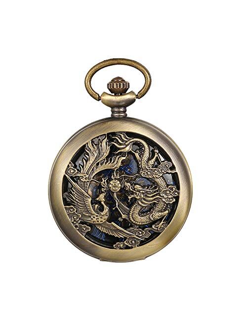 JewelryWe Vintage Hand Wind Mechanical Pocket Watch for Men Lucky Phoenix and Dragon Pendant Watch, Silver, Gold, for Valentine’s Day
