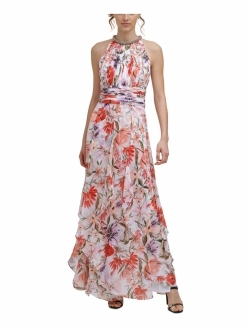 Women's Sleeveless Halter Neck Keyhole Gown with Tiered Skirt