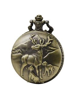 Morfong Unisex Pocket Watch Quartz Deer Pattern Fob Watches Vintage Bronze with Chani & Box