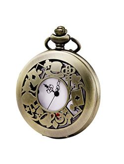 Morfong Men's Women Quartz Pocket Watch Alice in Wonderland Series Hollow Case Vintage Fob Watches