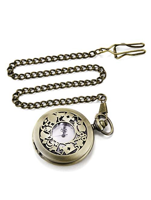 Morfong Men's Women Quartz Pocket Watch Alice in Wonderland Series Hollow Case Vintage Fob Watches