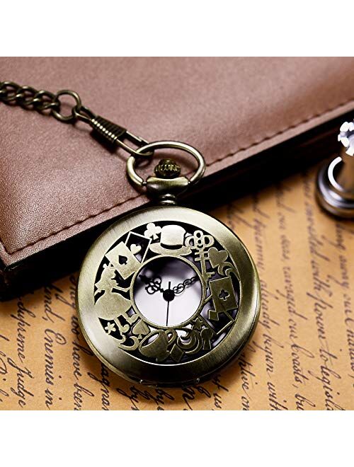 Morfong Men's Women Quartz Pocket Watch Alice in Wonderland Series Hollow Case Vintage Fob Watches