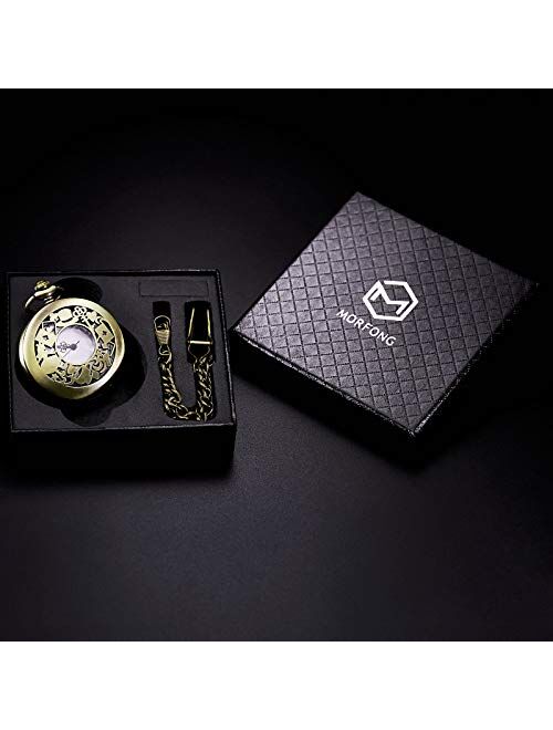 Morfong Men's Women Quartz Pocket Watch Alice in Wonderland Series Hollow Case Vintage Fob Watches