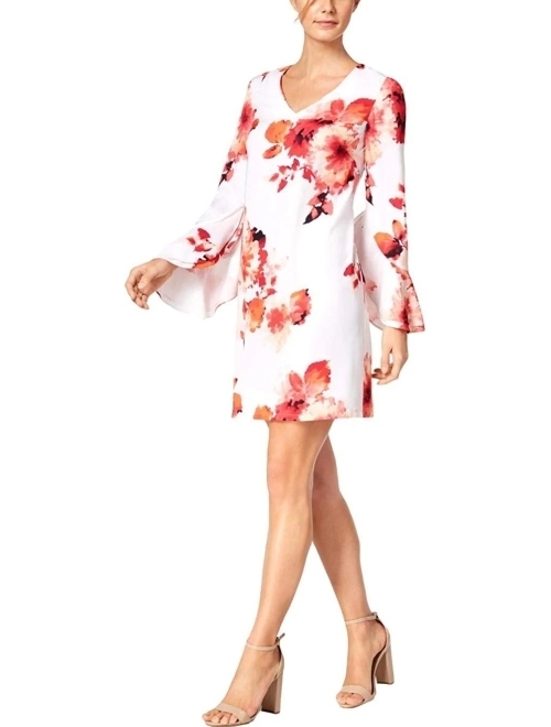 Calvin Klein Women's Long V Neck Sheath with Flutter Bell Sleeve Dress
